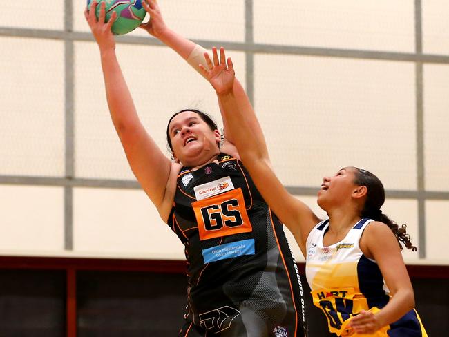 Sapphire Series netball Round 1 - Sunshine Coast Thunder Vs Tigers (black) = Tigers goal shooter Tia Crombie and thunders goal keeper Sophie Wall Nathan Saturday 22nd April 2023 Picture David Clark