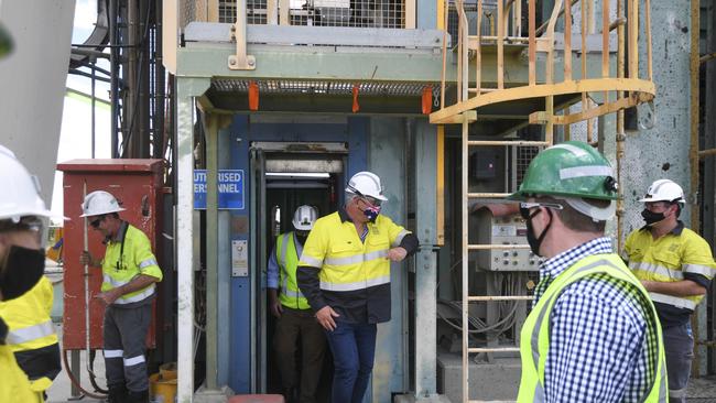 Prime Minister Scott Morrison emerges from an elevator at South32 Cannington Mine in McKinlay. Picture: AAP Image/Lukas Coch