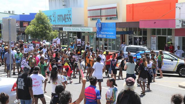 Indigenous protesters march through the streets of Mareeba in response to Aubrey Donahue being shot by police on Saturday, March 25. Picture: Peter Carruthers