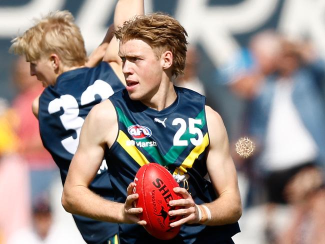 MELBOURNE, AUSTRALIA - APRIL 13: Noah Mraz of the AFL Academy in action during the 2024 AFL Academy match between the Marsh AFL National Academy Boys and Coburg Lions at Ikon Park on April 13, 2024 in Melbourne, Australia. (Photo by Michael Willson/AFL Photos via Getty Images)