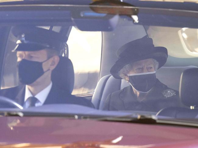 Queen Elizabeth II arrives for the funeral of husband Prince Philip. Picture: Ian Vogler/WPA Pool/Getty Images