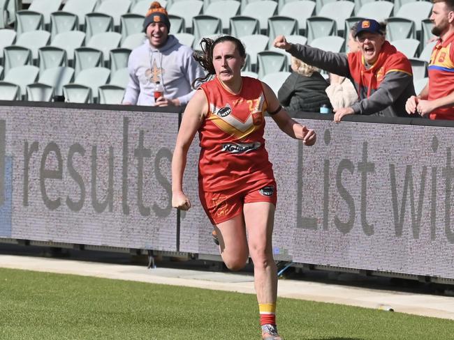 Meander Valley’s Kia Rogers celebrates a goal assist in last year’s grand final. Picture: Scott Gelston / Solstice Digital