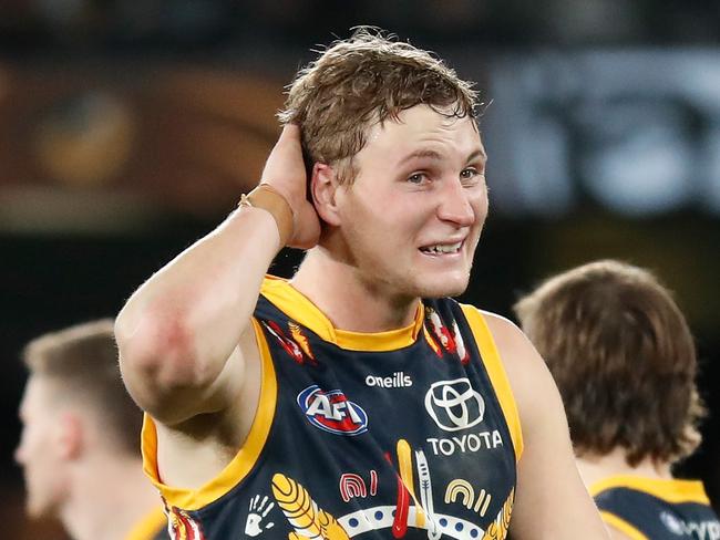 MELBOURNE, AUSTRALIA - JULY 10: Jordan Dawson of the Crows looks dejected after a loss during the 2022 AFL Round 17 match between the Hawthorn Hawks and the Adelaide Crows at Marvel Stadium on July 10, 2022 in Melbourne, Australia. (Photo by Michael Willson/AFL Photos via Getty Images)