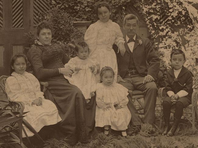Chinese migrant Mei Quong Tart with wife Margaret Scarlett and five of their six children in undated photo featured in part one of three-part 'Origins' magazine series in The Daily Telegraph. Pic Courtesy of State Library of NSW.