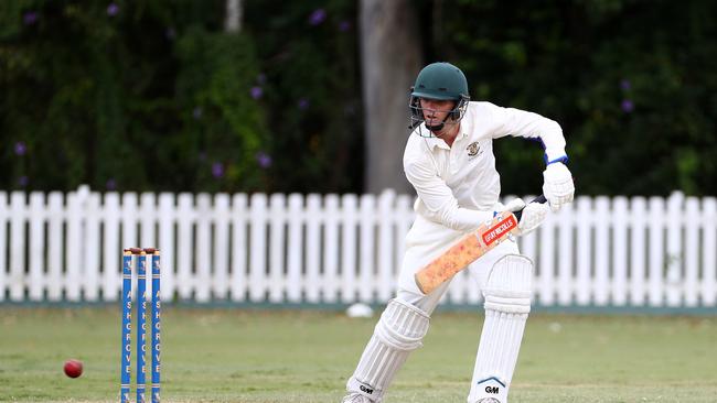 Action during the game between Marist College Ashgrove and St Laurence's. MC's Baxter White bats. Picture: Tertius Pickard