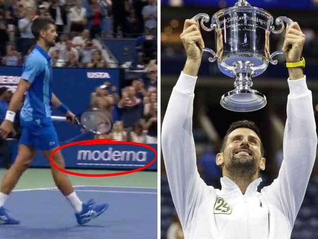 Novak Djokovic celebrates and Moderna sponsor