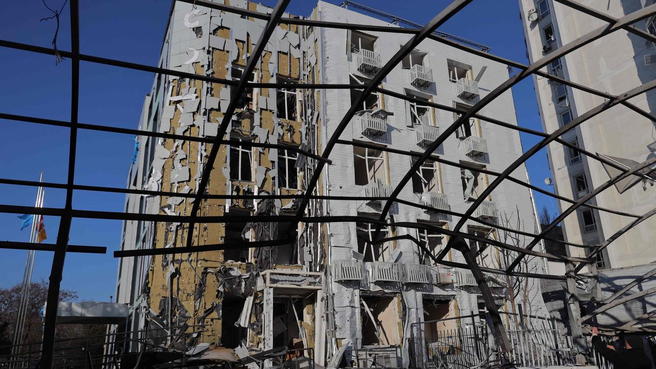 A damaged hospital following a Russian drone strike in Odessa on February 19, 2025. (Photo by Oleksandr GIMANOV / AFP)