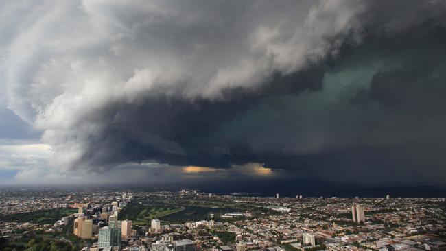 A storm front moves over Melbourne. View from Eureka Skydeck looking across Albert Park. Picture: News Corp.