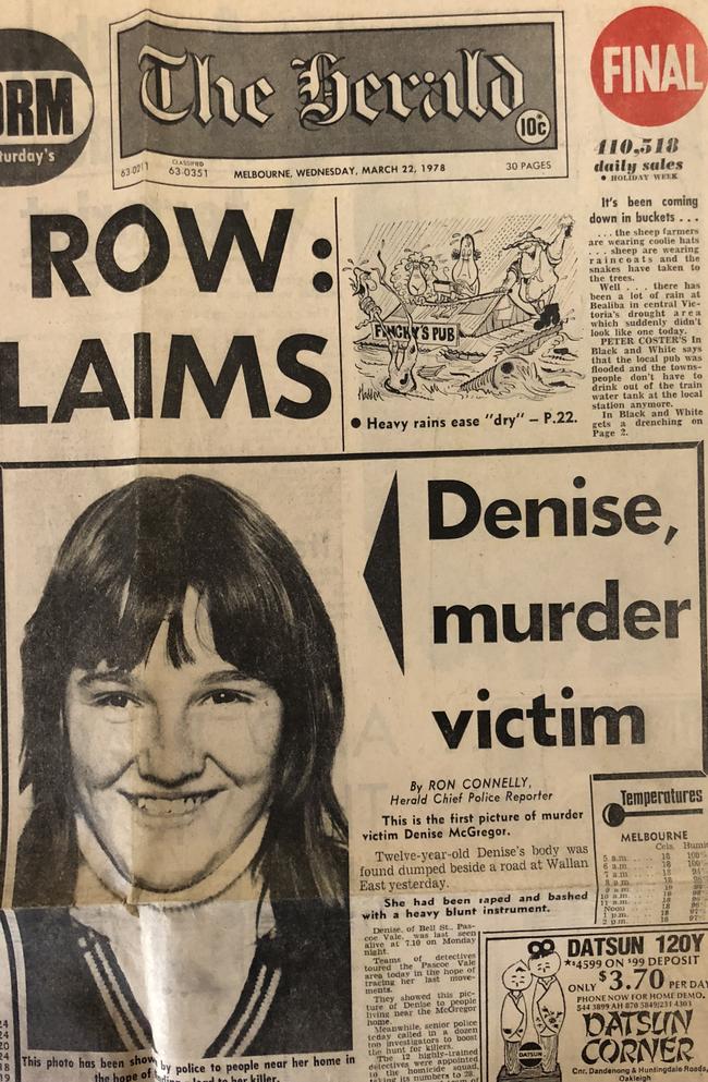 Newspaper coverage of the 1978 rape and murder of schoolgirl Denise McGregor. The Herald newspaper. Front page. Murder. Melbourne.