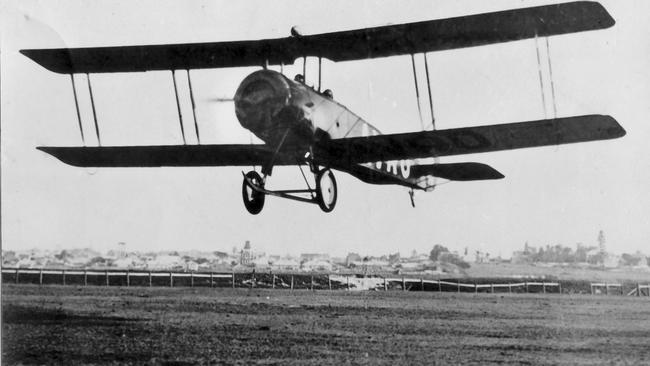 First Sydney to Melbourne passenger flight, April 14 1920. Piloted by Nigel Love with passenger John Gibson taking off from Mascot. Picture: Sydney Airport.