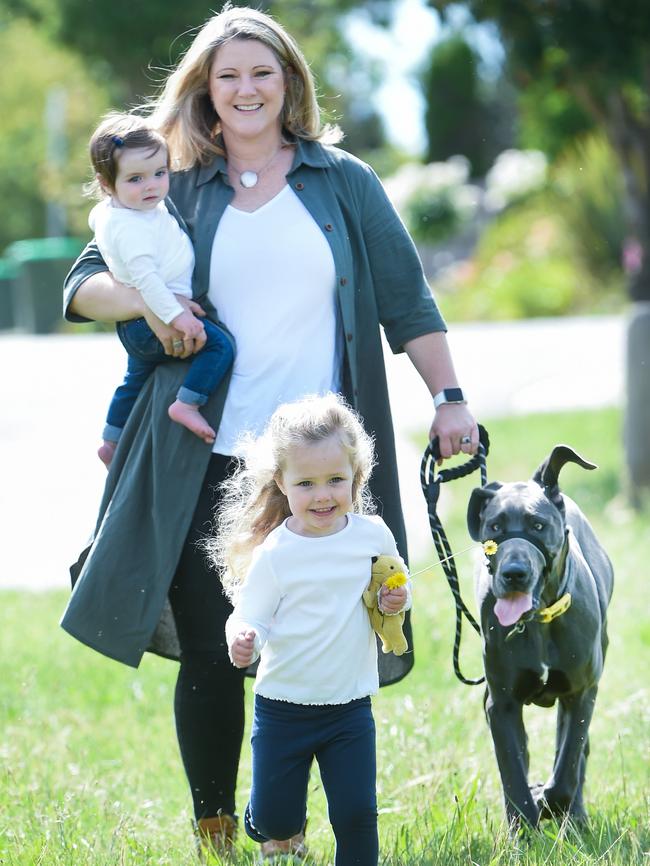 ANDHealth’s Bronwyn Le Grice with her kids, Pip (3) and Kenzie (11 months) and their dog, Blue. Picture: Jay Town