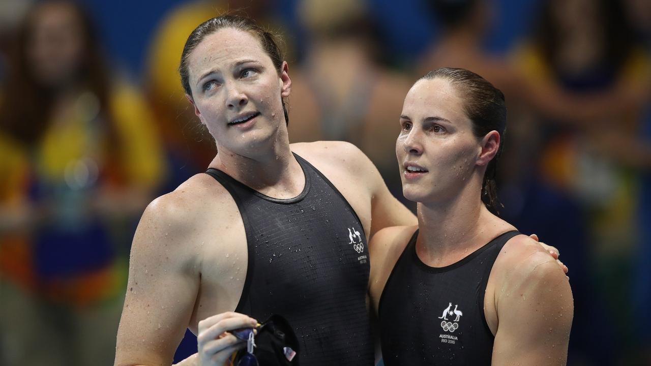 Cate Campbell with sister Bronte after finishing sixth and fourth in the women’s 100m freestyle final at the Rio 2016 Olympic Games. Picture: Brett Costello.