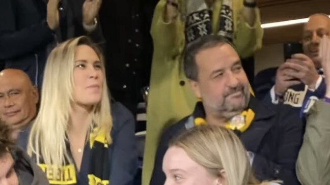 Mick Molloy and a mystery blonde friend at the Richmond V Geelong match. Picture: Supplied