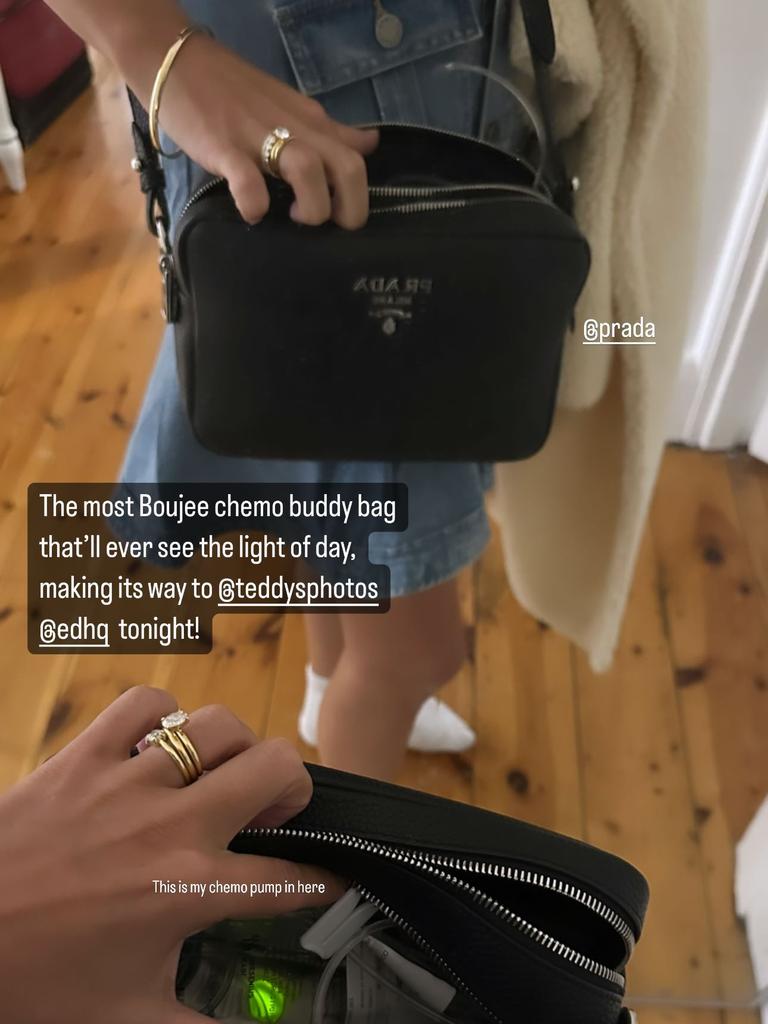 Kellie Finlayson used a Prada bag as her “Boujee chemo buddy bag” at the concert. Picture: Kellie Finlayson