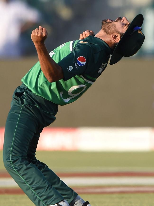 Haris Rauf celebrates after taking the catch to dismiss Ben McDermott. Picture: Arif ALI / AFP