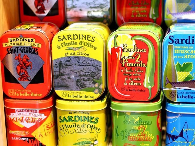 Colourful tins of sardines in France.