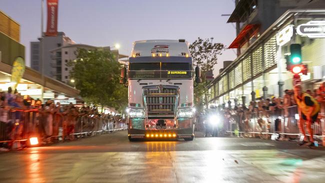 Supercars prime mover rolling through the Darwin CBD.
