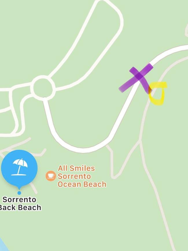 Lauren was at the purple cross and the water bombers were at the yellow circle.