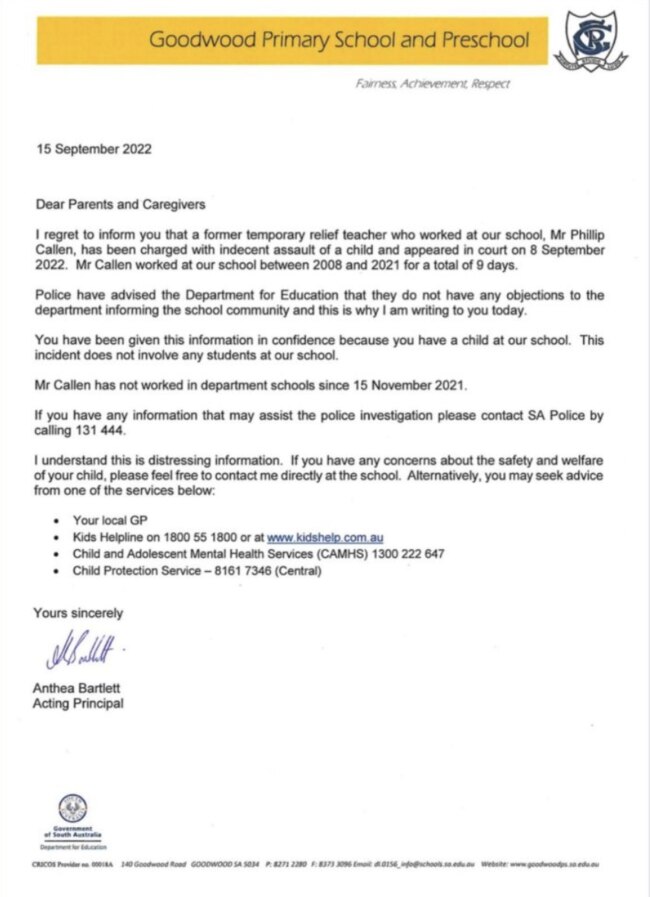 A letter was sent to parents at Goodwood Primary School on Thursday. Picture: Supplied