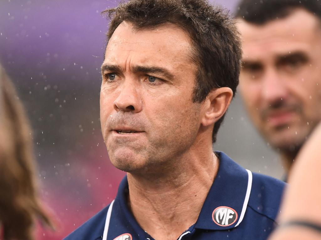 PERTH, AUSTRALIA - AUGUST 03: Chris Scott, Senior Coach of the Cats coach addresses the team at three quarter time break during the 2019 AFL round 20 match between the Fremantle Dockers and the Geelong Cats at Optus Stadium on August 03, 2019 in Perth, Australia. (Photo by Daniel Carson/AFL Photos via Getty Images)