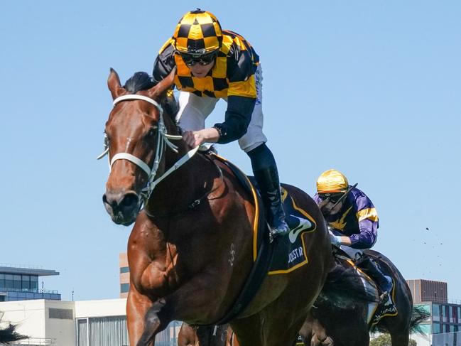 Joliestar ridden by James McDonald wins the Schweppes Thousand Guineas at Caulfield Racecourse on November 18, 2023 in Caulfield, Australia. (Photo by Scott Barbour/Racing Photos via Getty Images)