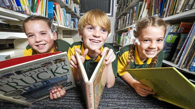 Year 4 Students Ruby Ballinger, Chace Phillips and Lexi Basten-Byrne from Yandina State School which is one of Australia&#39;s top improving schools in Naplan Reading results. Picture: Lachie Millard