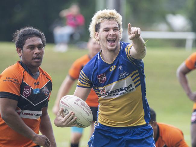 Kangaroos Jack Thomas scores a try during the game against Tully at Vico Oval. Picture: brian Cassey