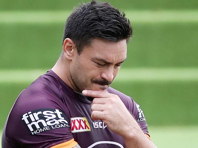 Captain Alex Glenn talking with coach Anthony Seibold, Brisbane Broncos training, Red Hill. Photographer: Liam Kidston.