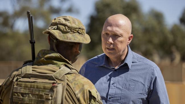 Peter Dutton at the Townsville Field Training Area during Exercise Talisman Sabre 2021 in July.