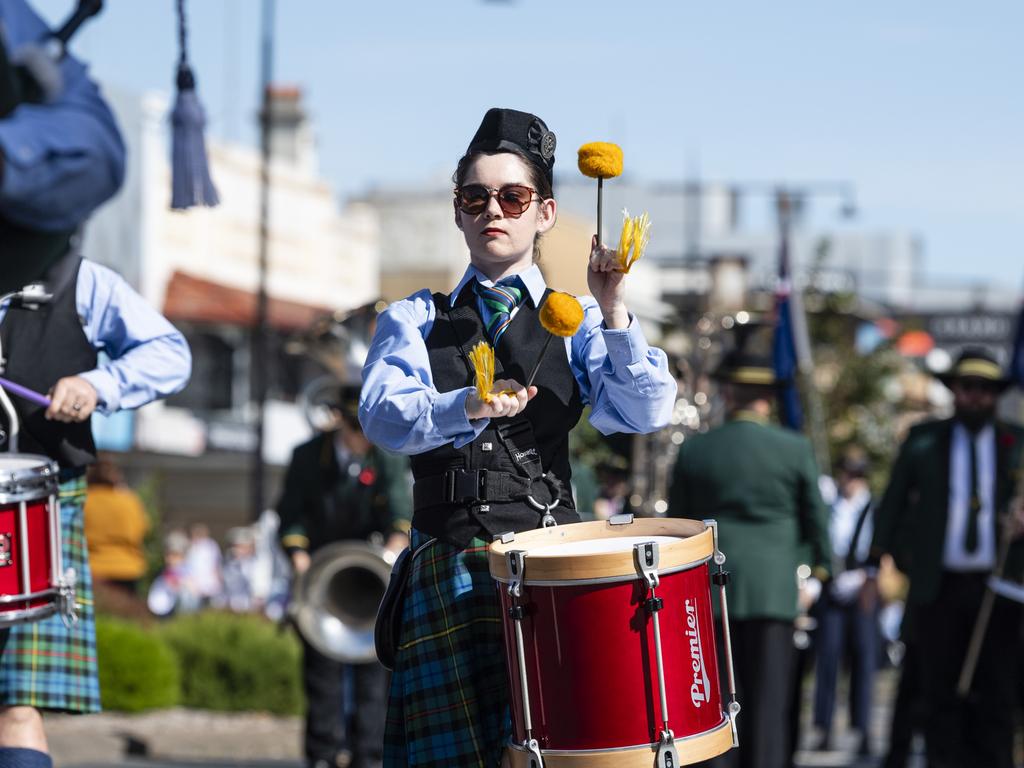 Toowoomba Caledonian Pipe Band lead Toowoomba's Anzac Day mid-morning march to the Mothers' Memorial, Thursday, April 25, 2024. Picture: Kevin Farmer