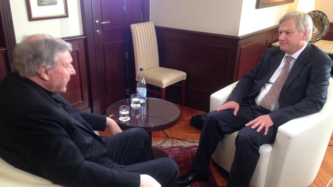 Cardinal George Pell is interviewed by NewsCorp columnist, Andrew Bolt, for Sky News in Rome.