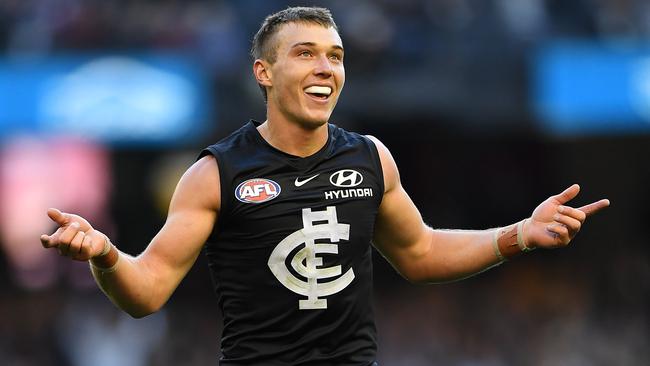 Patrick Cripps of the Blues reacts after kicking a goal during the Round 12 AFL match between the Carlton Blues and the Brisbane Lions at Marvel Satdium in Melbourne, Saturday, June 8, 2019. (AAP Image/Julian Smith) NO ARCHIVING, EDITORIAL USE ONLY