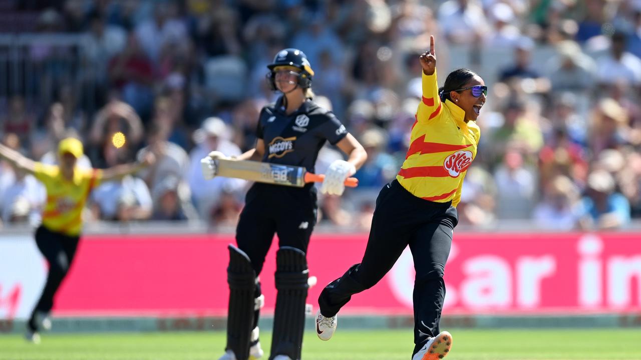 Alana King of Trent Rockets celebrates dismissing Kate Cross.  (Photo by Gareth Copley/Getty Images)