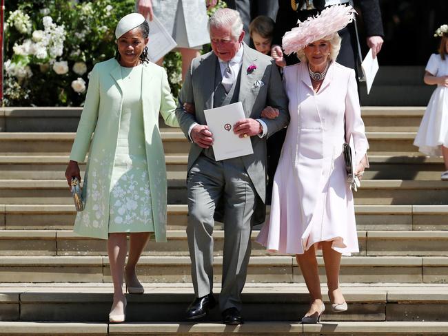 King Charles, Queen Camilla and Meghan Markle's mother Doria Ragland on the Sussexes’ wedding day. Picture: AFP