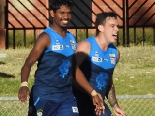 It's all smiles from Rovers pair Tosh Kunoth, left and Luke Farrows after another Double Blues goal. Picture: ALECIA CLARKE