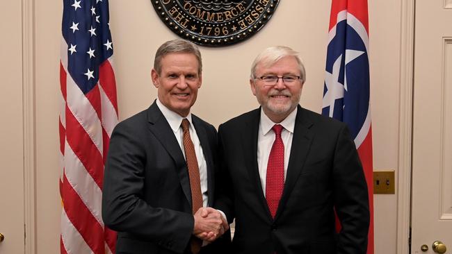 Australia’s ambassador to the US Kevin Rudd meets with Tennessee’s Republican Governor Bill Lee in a photograph posted on February 16. Picture: X