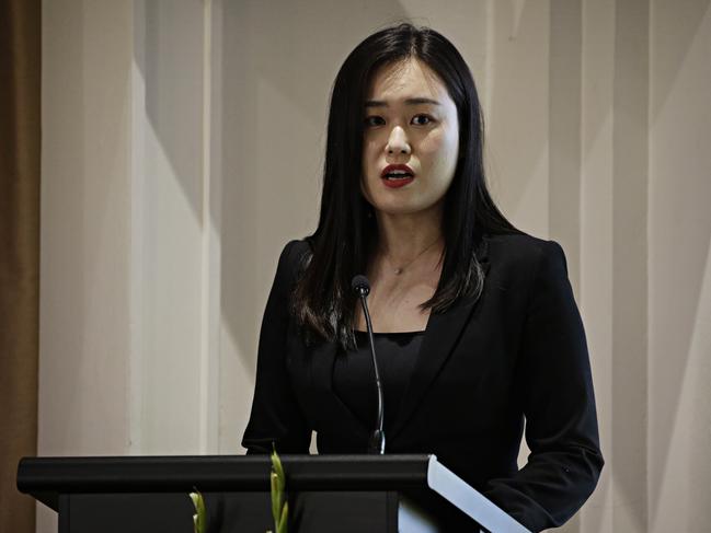 Jenny Xu speaking at Ms Pan’s funeral. Picture: Adam Yip