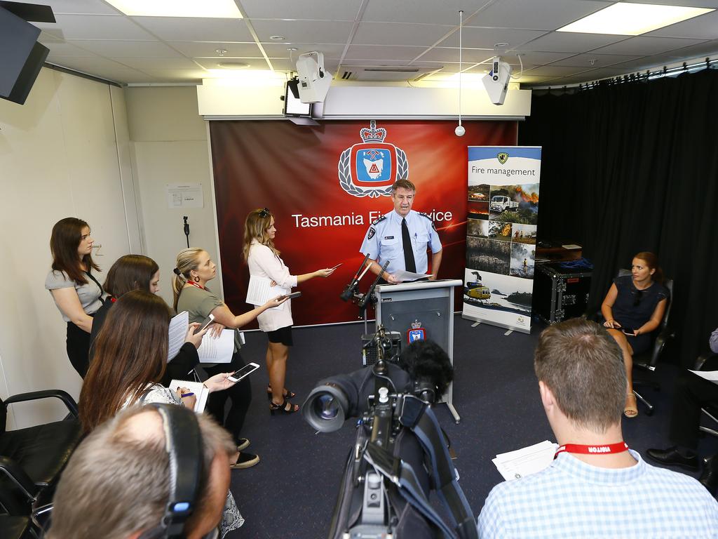 Pictured at Tasmania's TFS (Tasmanian Fire Service) Headquarters briefing the media about the upcoming fire conditions is (L-R) Chris Arnol, Chief Officer. PICTURE: MATT THOMPSON