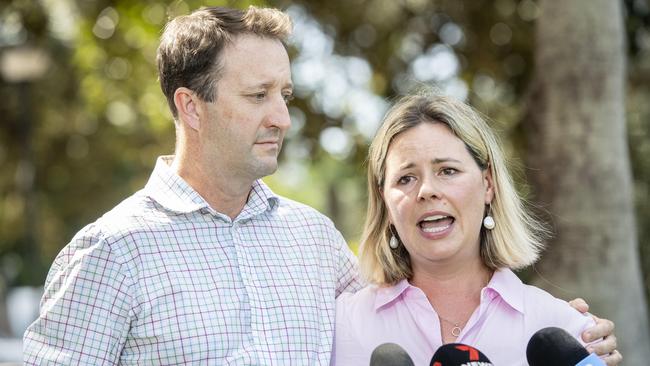 Elouise and Danny Massa speak to press under the Fig Tree on Hospital Rd, The Domain, Sydney, after meeting with NSW Premier Chris Minns. Picture: NewsWire / Monique Harmer