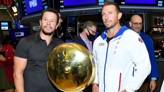 Mark Wahlberg and F45 Founder and CEO Adam Gilchrist on the NYSE trading floor when the company listed. Picture: Noam Galai/Getty Images/F45 Training.