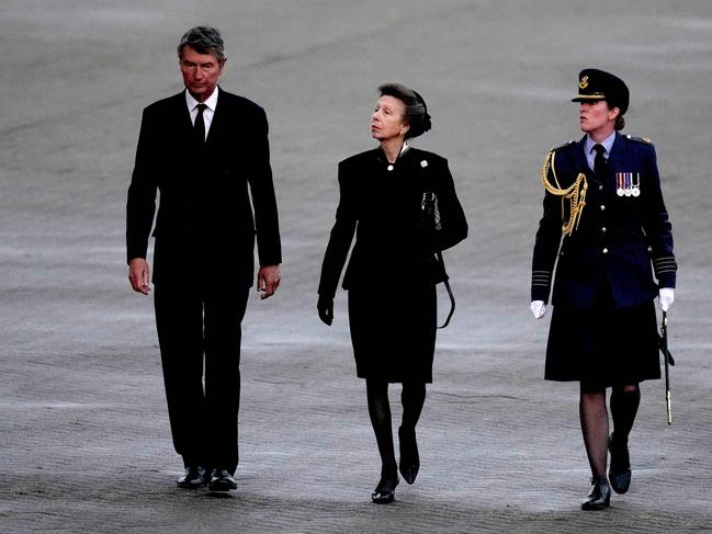 Britain's Princess Anne, Princess Royal, and Vice Admiral Timothy Laurence arrive at the Royal Air Force Northolt air base. Picture AFP