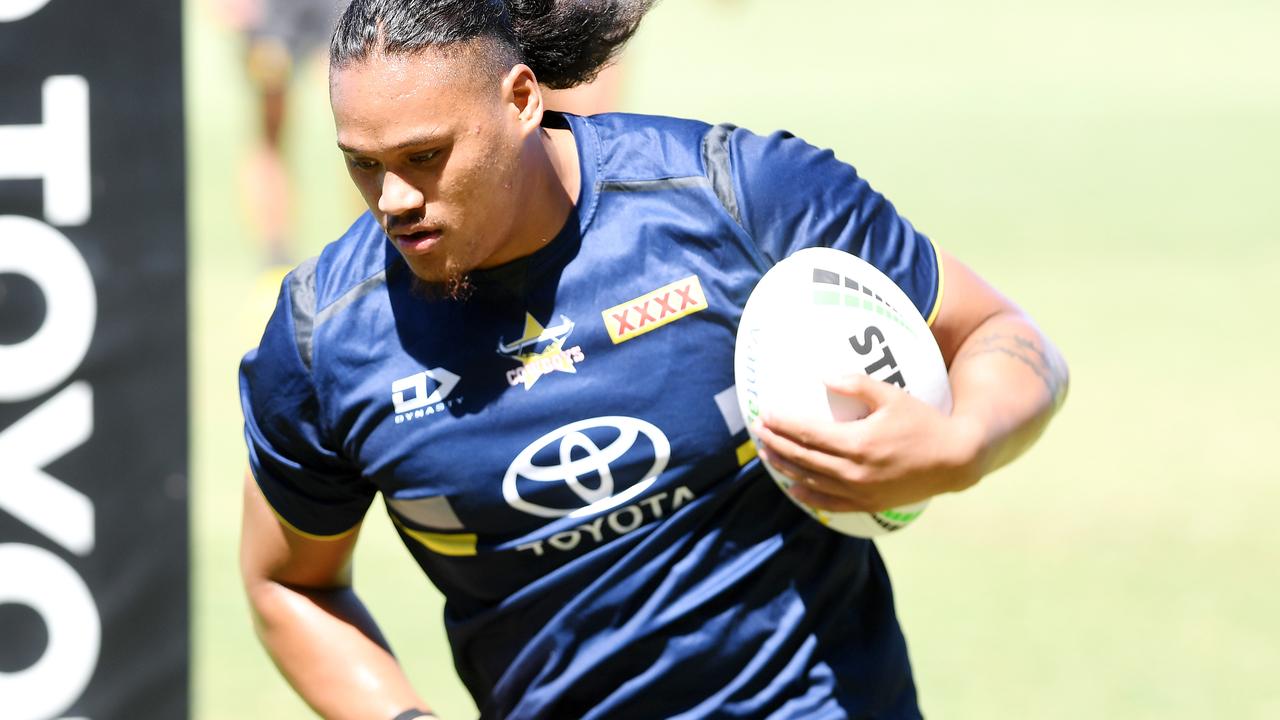 Luciano Leilua on the training track as the Cowboys train ahead of their preliminary final. Picture: Shae Beplate