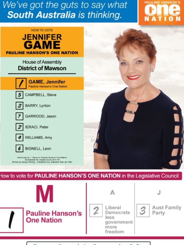 The One Nation how-to-vote card for candidate Jennifer Game at the South Australia 2022 state election. Picture: Supplied