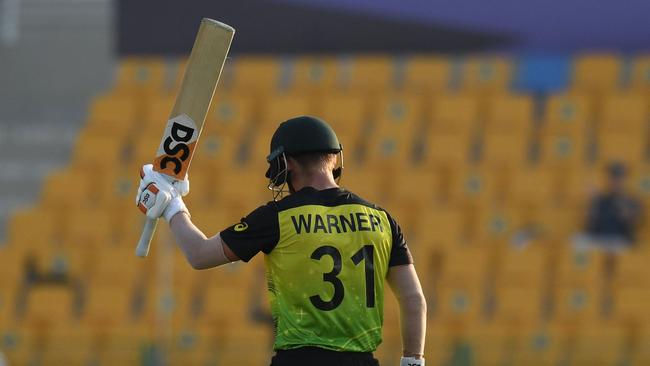 David Warner acknowledges his half-century. Picture: AFP