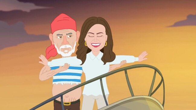 Peter FitzSimons and his wife Lisa Wilkinson as seen in the Please Explain cartoon series.