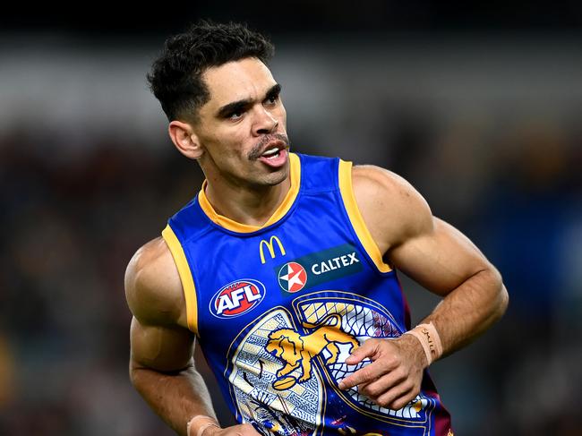 BRISBANE, AUSTRALIA - MAY 18: Charlie Cameron of the Lions celebrates kicking a goal during the round 10 AFL match between Brisbane Lions and Richmond Tigers at The Gabba, on May 18, 2024, in Brisbane, Australia. (Photo by Albert Perez/AFL Photos via Getty Images)