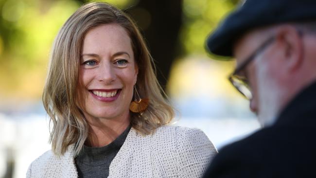 Labor leader Rebecca White addresses the media on Parliament Lawns for the first time since the election. Picture: Zalk Simmonds