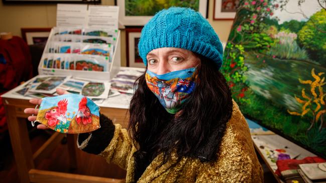 Jules Summers with her COVID-19 face masks. Picture Matt Turner.