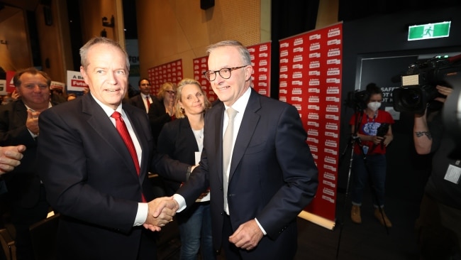 Former Labor leader Bill Shorten with Opposition Leader Anthony Albanese in Melbourne on Wednesday. Picture: Toby Zerna