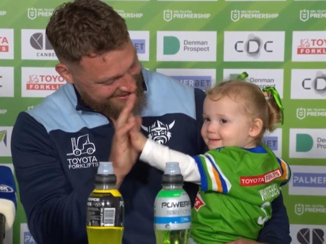 Canberra captain Elliott Whitehead with daughter Nola.